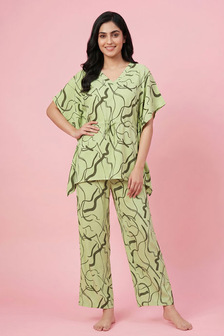 Zivame Woven Kaftan Loungewear Set - Foam Green — image 2